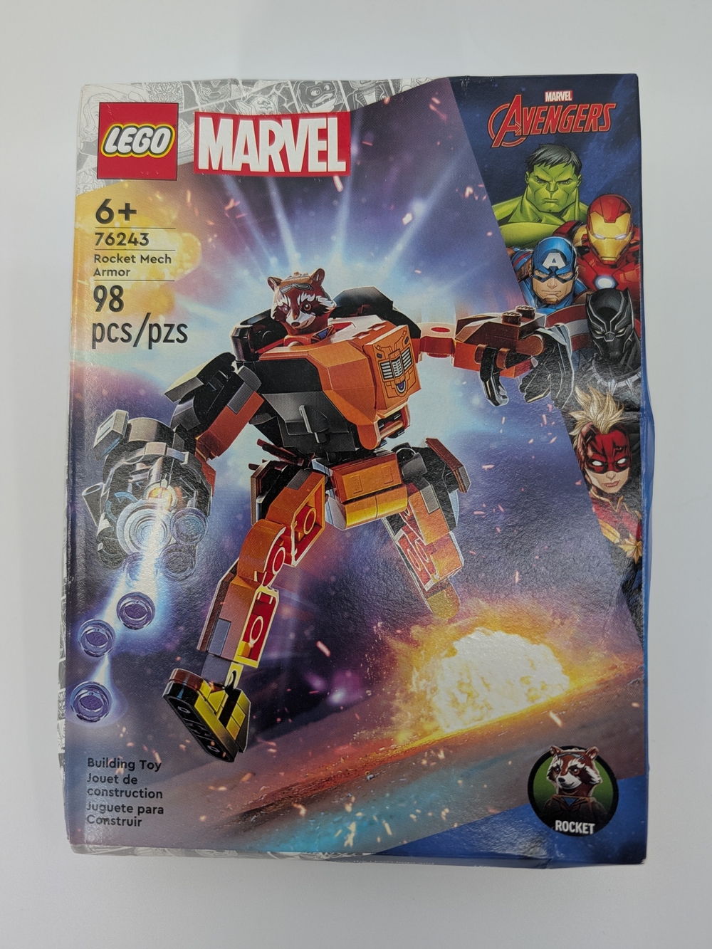 LEGO 76243 Marvel Avengers Rocket Mech Armor Building Set Sealed Dented Box